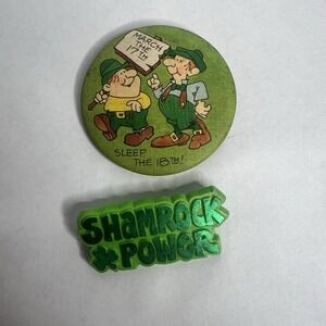 Vtg‎ St. Patrick's Day Jewelry Lot 2 Leprechaun Shamrock Plastic Pins Brooches